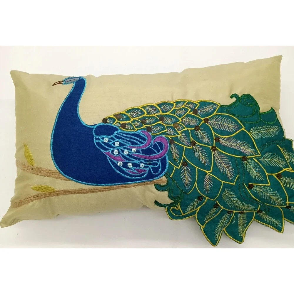 Vintage Peacock Accent Pillow THRO by Marlo Lorenz Embroidered Sequin 10X18
